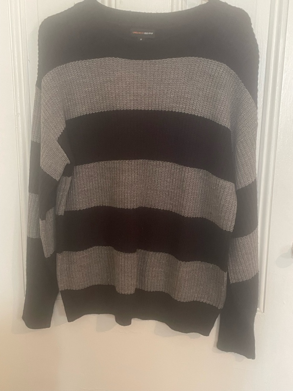 Ambiance Appeal Women's Black and Gray Striped Crewneck Sweater